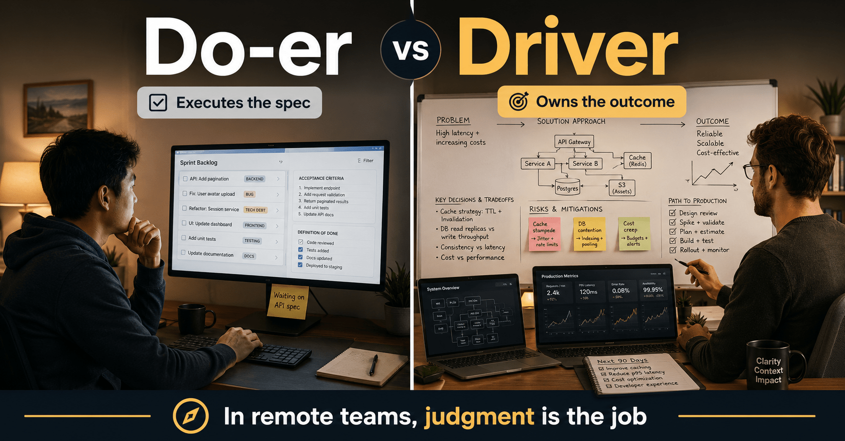 A do-er executes the spec; a driver owns the outcome - in remote teams, judgment is the job