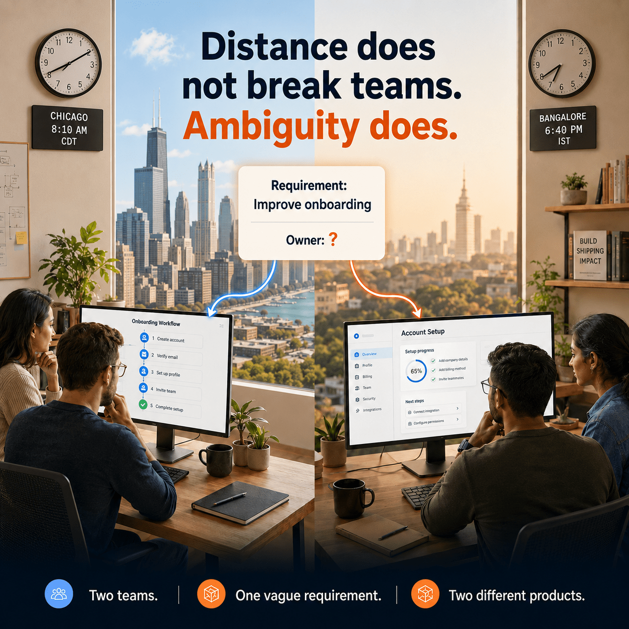 Two teams, one vague requirement, two different products - distance does not break teams, ambiguity does