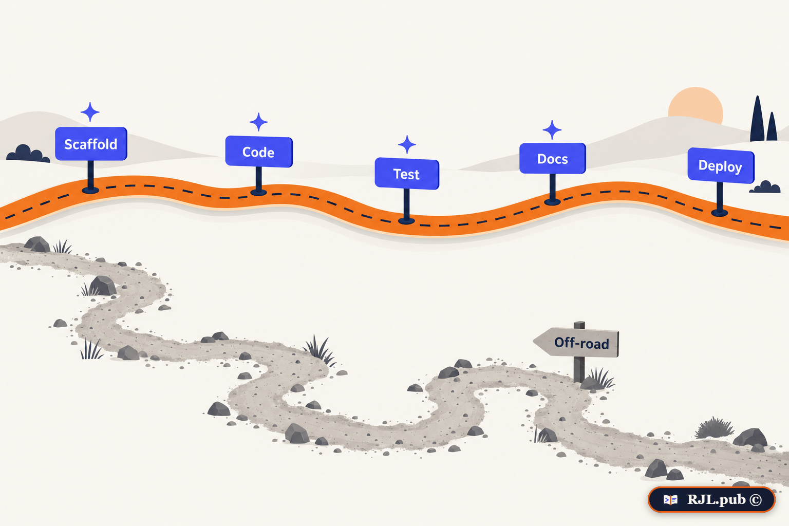 A paved golden path with AI stages from scaffold to deploy beside a rough off-road trail